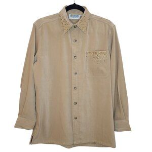 Christine Alexander Shirt Men Small Beige Faux Suede Rhinestone Button Up Casual